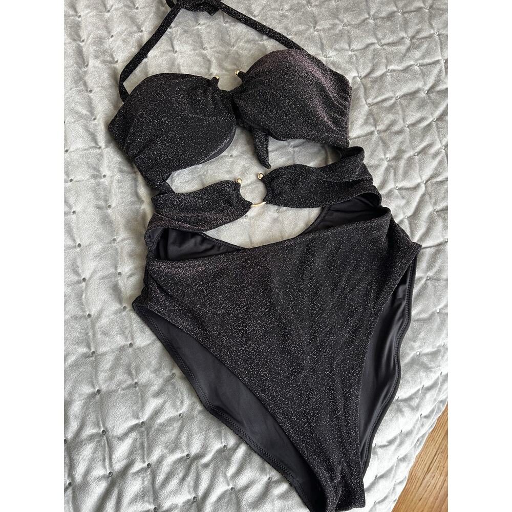 Victoria's Secret Strappy Strapless Monokini Sz XL Hardware Black Shimmer VS